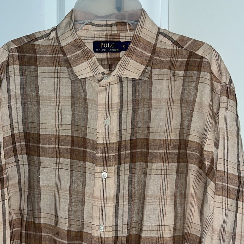 Polo Ralph Lauren Brown Tan Plaid Tartan 100% linen Travel Button Down LS Shirt